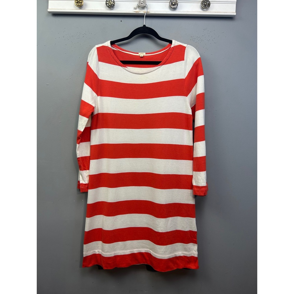 J.Crew Dress Womens Medium Orange White Striped Long Sleeve Cotton Side Zip